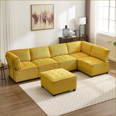 Canapé modulaire à 6 places modulaire en U avec méridienne réversible, velours côtelé jaune moutarde pour le salon | Jaune moutarde | Velours côtelé