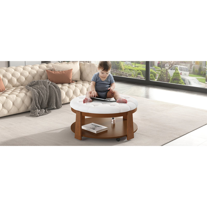Large round ottoman coffee table | 2-tier button tufted design | wood shelf storage | waterproof linen upholstery | wheeled footrest