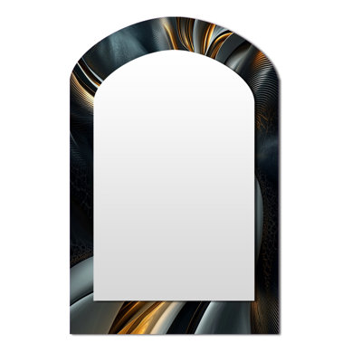 Swirl Abstract In Gold And Black Tones II - Abstract Painting Arch Decorative Mirror, Modern Asymmetrical Large Wall Mirror, Printed Metal Art