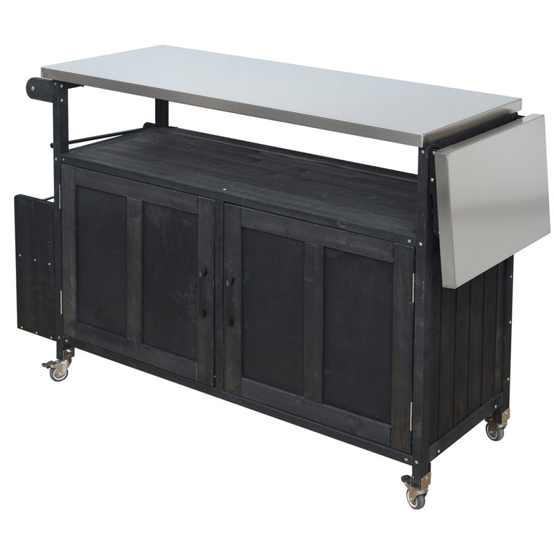 Îlot de cuisine pliable pour l'extérieur avec chariot verrouillable, Noir