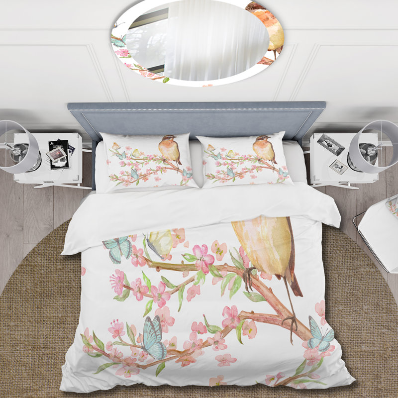 Joli oiseau assis sur une branche de Sakura - Ensemble de housse de couette traditionnel - Microfibre de polyester