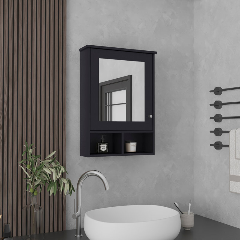 Bathroom Mirror Cabinet with Three Hidden Shelves and Two Open Shelves, Black