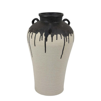 Caleb Accent Vase With Drip Pattern And Handles, Black Gray Ceramic