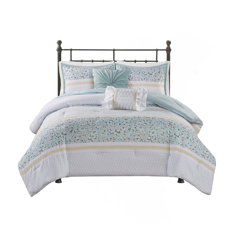Full/Queen 5 Piece Seersucker Comforter Set With Throw Pillows, Queen Comforter + 4 Additional Pieces, Aqua