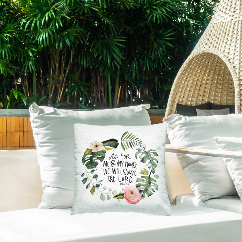 Coussin d'extérieur imprimé «Serve the Lord Joshua 24:15 Tropical Palms» par Valerie Weiners