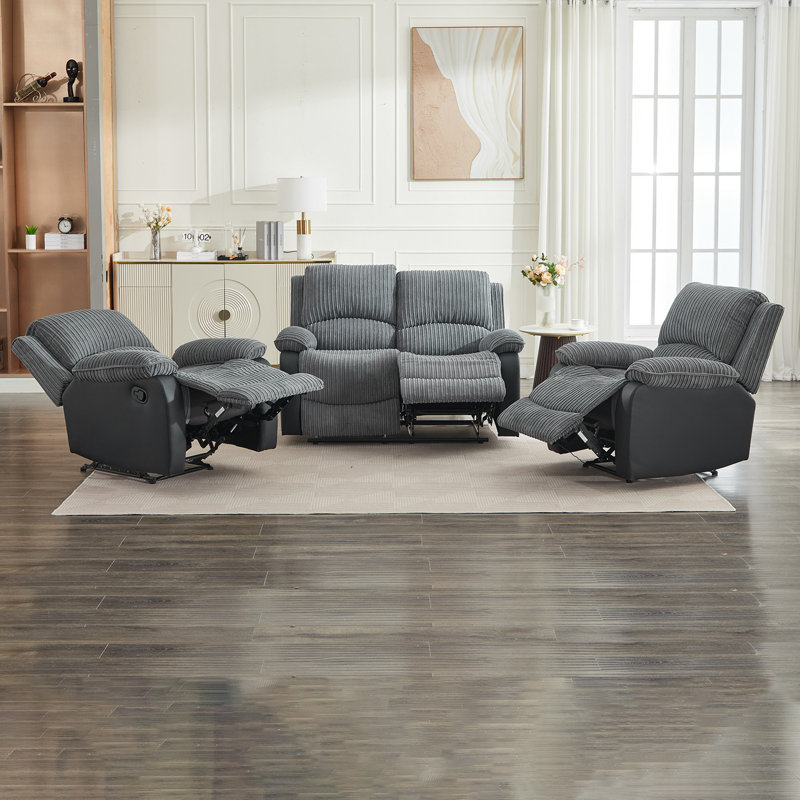 Reclining Sofa Sectional Recliner Plush Corduroy Couches Set Sofa, Manual - Push Button