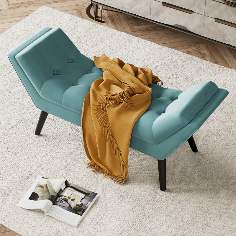 Hannum Velvet Upholstered Bench, 19.3" H x 46.1" W x 16.1" D, Blue