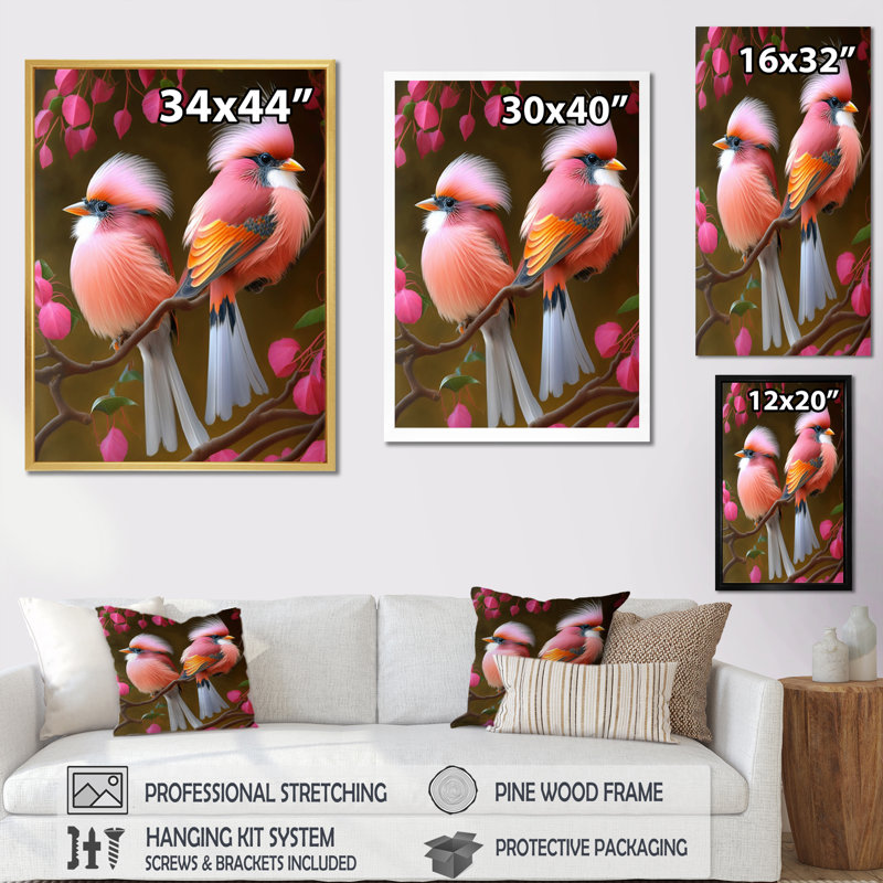 Cardinal rose sur une branche I, Encadrement doré, H 32 po x l 24 po x P 1 po