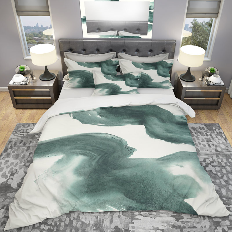 Designart 'Gouache Green on Grey I' Geometric Duvet Cover Set, King Duvet Cover + 2 Shams