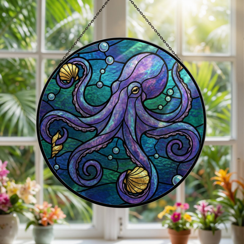 Panneau de vitrail 12 "H Octopus, H 12 po x l 12 po