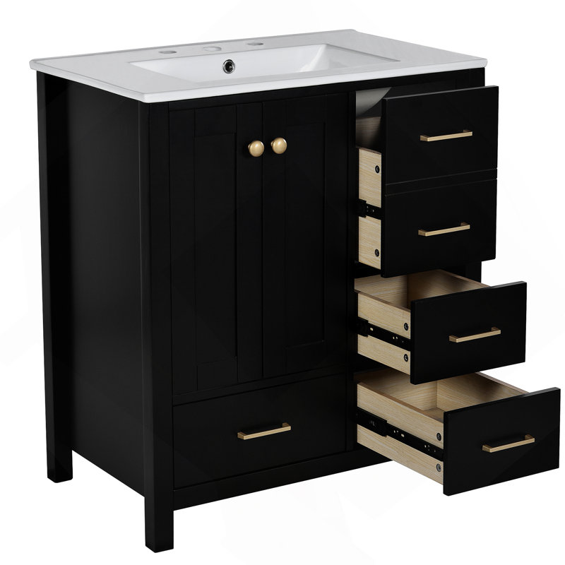 Ensemble de meuble-lavabo 30 po avec lavabo en céramique, armoire de rangement en bois massif, ensemble de meuble-lavabo autoportant avec 4 tiroirs et portes à fermeture douce, noir