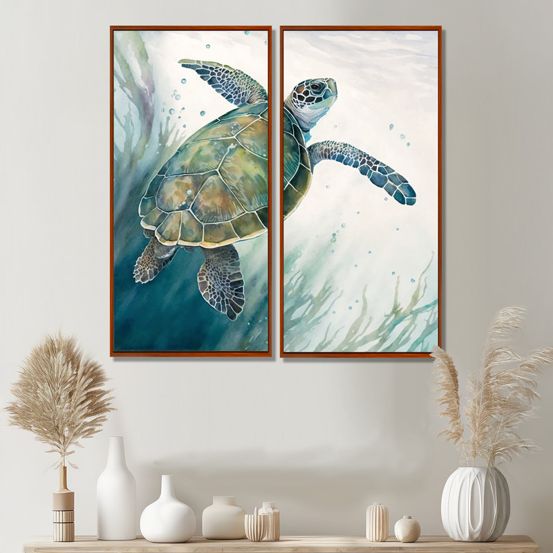 Aquarelle, tortue nageant I - Tortue, art mural sur toile, H 40 po x l 40 po, Cadre flottant, Brun