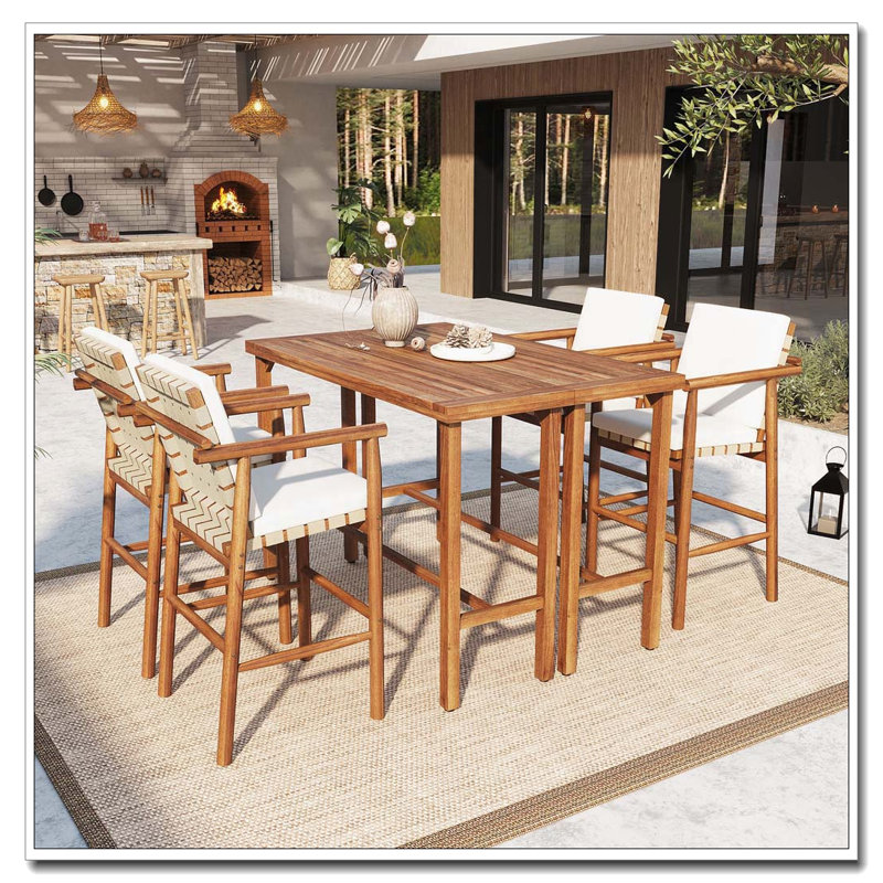 Ensemble de bar 6 pièces en bois d'acacia avec deux tables et quatre tabourets