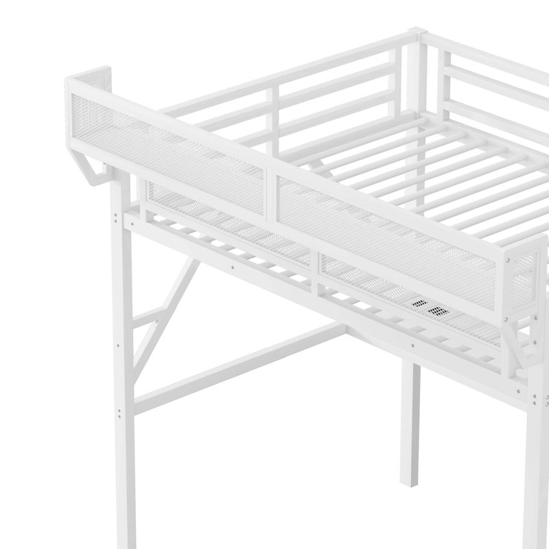 Lit mezzanine moderne avec bureau, station de charge et lumières RVB, Lit double, Blanc