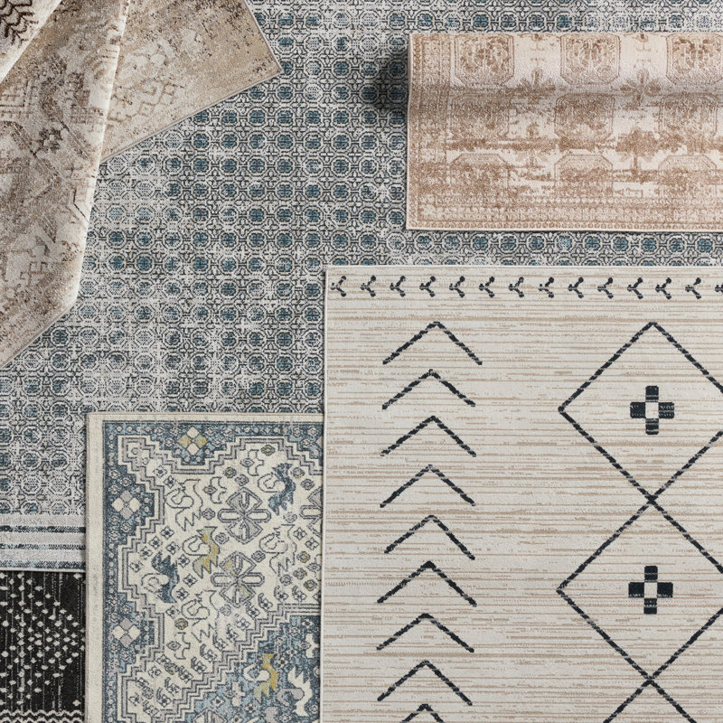 Phoebe Machine WashableGeometric Area Rug in Cream/Dark Slate, Rectangle 5'3" x 8'