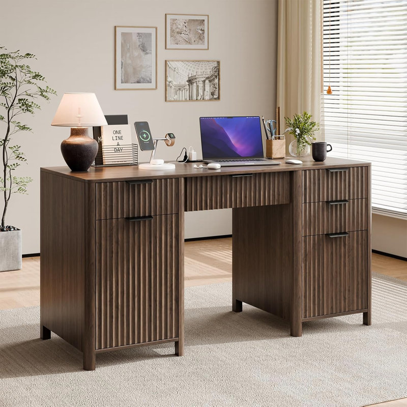 58" Fluted Home Office Desks With Storage, Modern Executive Desk Computer Desks With 5 Drawers & Cabinet, Wood Work Desk File Drawer For Office, Bedroom, Study, Living Room