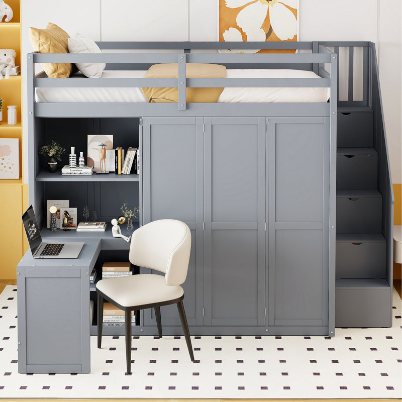 Lit mezzanine double avec garde-robe, bureau et tablettes, Gris