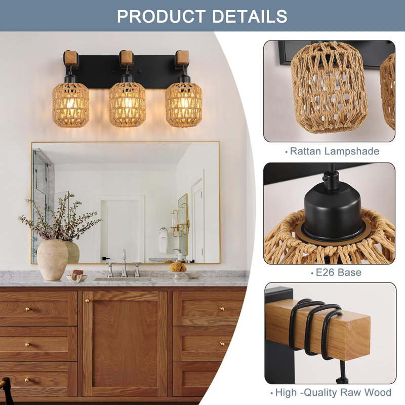 Black Metal and Natural Rattan 3-Light Bathroom Vanity Fixture