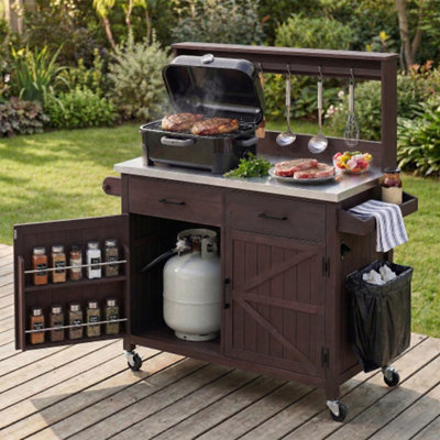 Outdoor Kitchen Island with High Shelf, Stainless Steel Top and Storage Cabinet