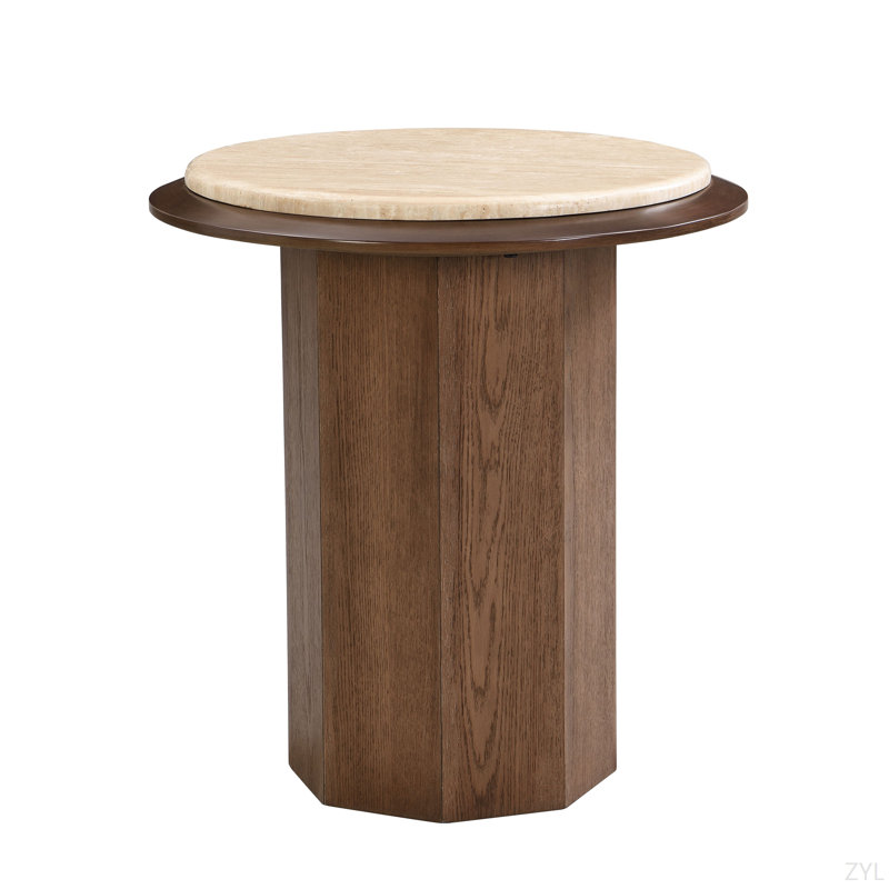 Table de bout en travertin et noyer