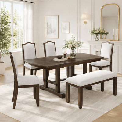 59"-77" Extendable Dining Table, Farmhouse Wooden Kitchen Table with Removable Leaf, Large Expanding Table for 4-8 (Brown)