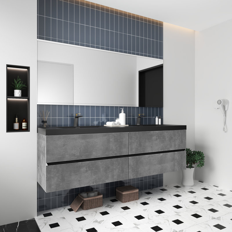Gazel 72" Fully Assembled Double Floating Vanity Wall-Mounted Bathroom Vanity with 2 Integrated Quartz Sinks, 4 Drawers