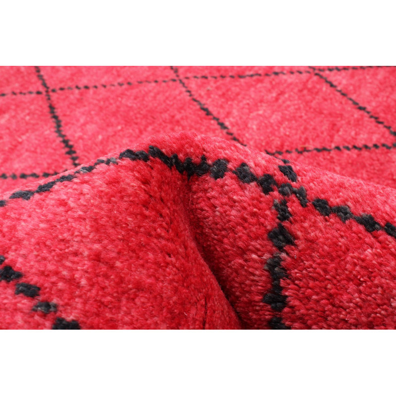 Tapis rouge / noir en laine noué à la main à motif géométrique 5 pi x 8 pi Aracelio