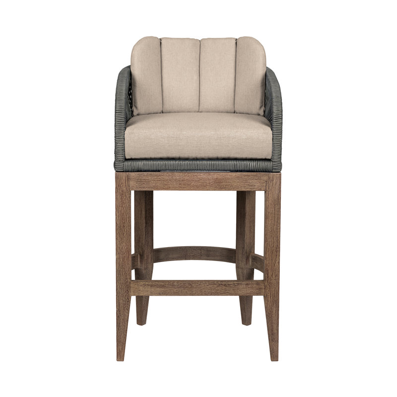 Orbit 30" Eucalyptus Wood Bar Stool with Taupe Cushions and Gray Rope