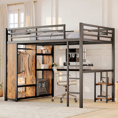 Queen Loft Bed, Heavy Duty Metal Loft Beds With Built-In Wardrobe, Space Saving Metal Loft Bed Frame With Desk And Storage Shelves For Dormitories And by Brayden Studio