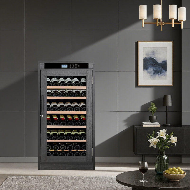 Freestanding Wine Cabinet, Stylish Wine Cooler With UV-Resistant Glass Door, LED Light & Storage Rack