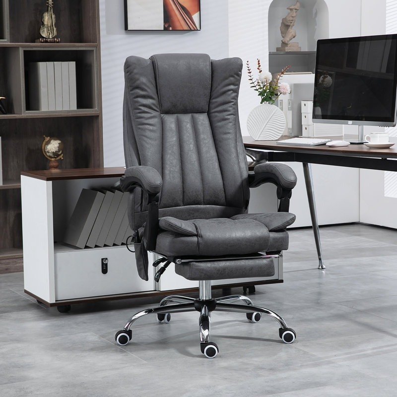 Chaise de bureau en microfibre, chaise d'ordinateur à haut dossier avec massage à 6 points, chaleur, hauteur réglable et repose-pieds rétractable, bleu foncé
