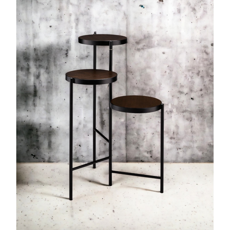 Support à plante noir en métal avec 3 tablettes fixes et pieds pliables avec cadre ouvert