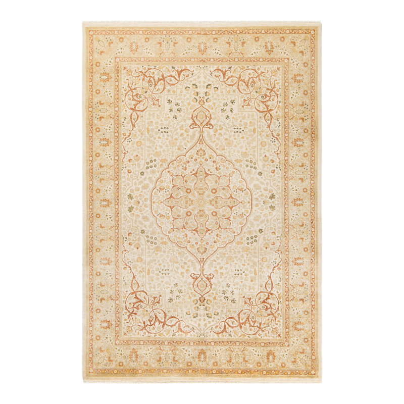 Tapis ivoire traditionnel noué à la main de conception unique 6 pi 2 po x 9 pi 1 po Keller