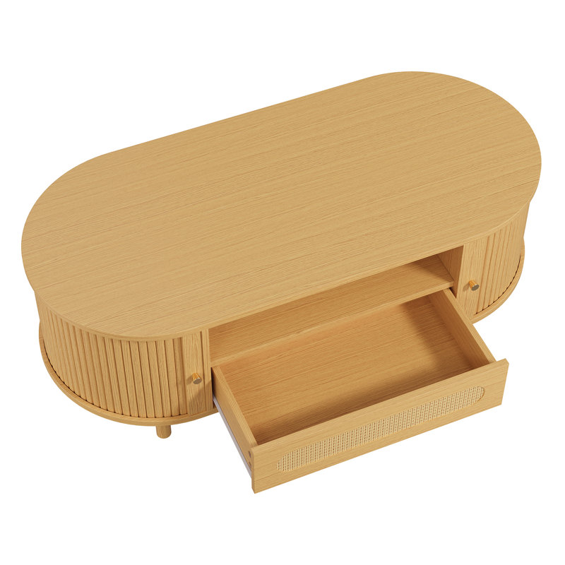 Table basse ovale moderne de 47,2 po avec porte coulissante en rotin, tiroir et rangement ouvert, pieds en bois massif, Oak