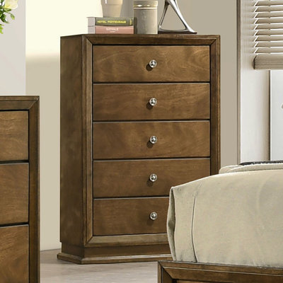 Mobilier de chambre à coucher style transitionnel 1 pièce avec 5 tiroirs en queue d'aronde et boutons en métal finition noyer