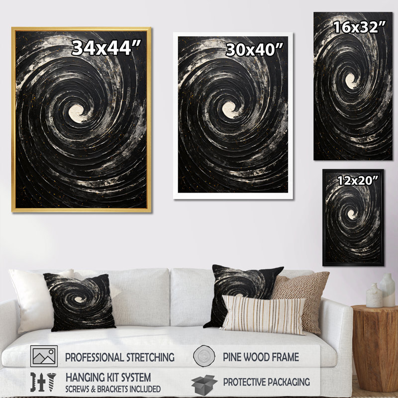«Black Cosmic Current Spiral I - Abstract Spirals», reproduction d'art sur toile_106079, Impression dorée sur toile encadrée