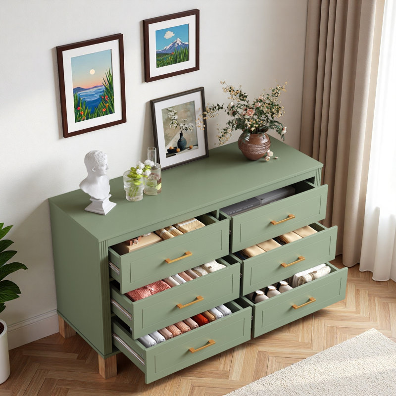 Commode 47,24 po avec 6 tiroirs, poignées en métal et pieds en bois, Vert sauge