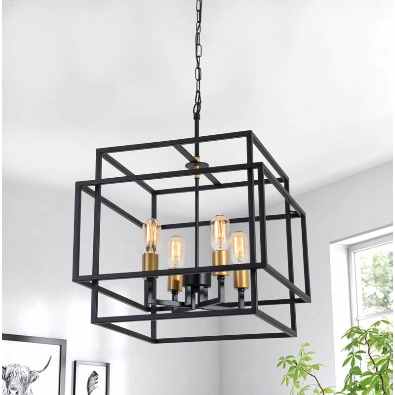 Suspension carrée moderne à 4 lumières, style ferme, avec chaîne de suspension ajustable, noire et dorée., Noir et or