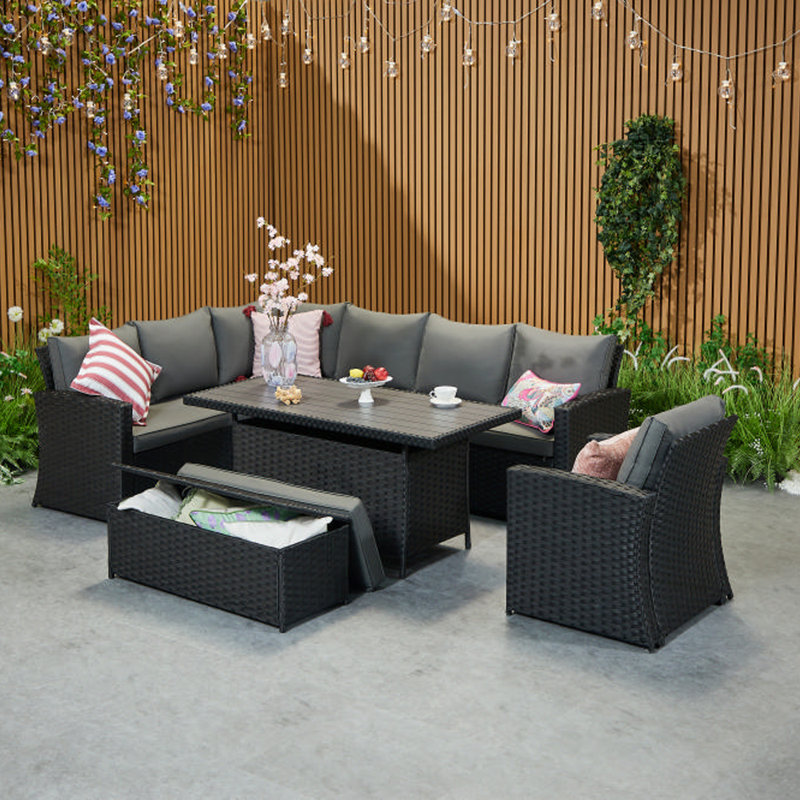 Rosen 9 Seater Aluminium Dining Table Top With Storage Bench And Armchair And Furniture Cover, Black