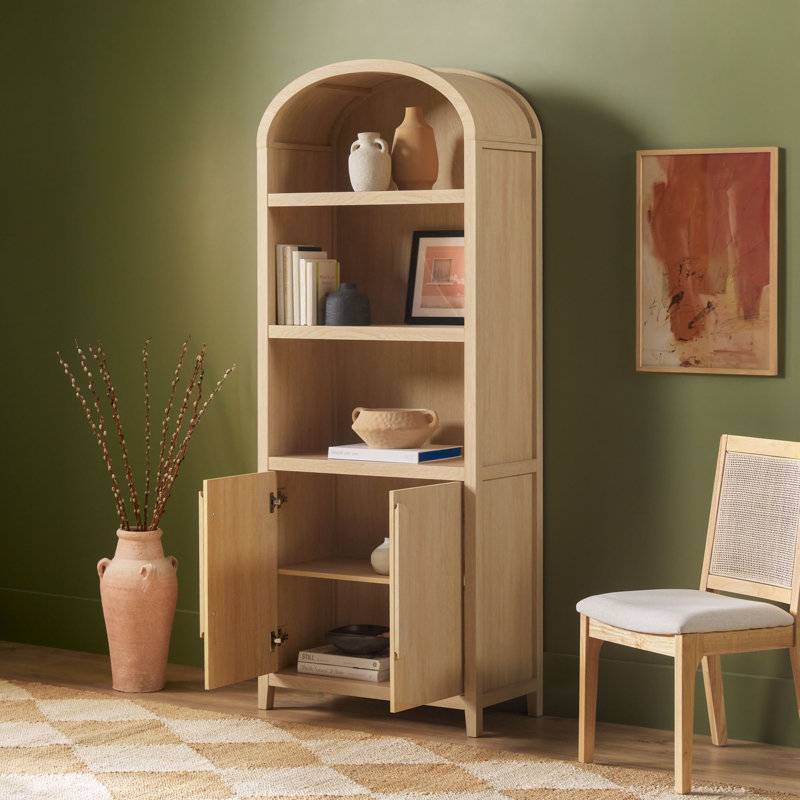 Sitarski 76" H x 30" W Modern Arched Bookcase with Statement Cabinet, Coastal Oak