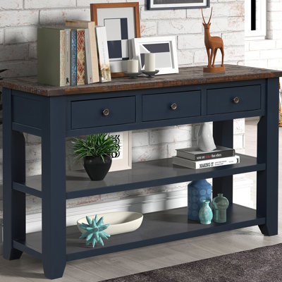 Bureau 48 po en bois de pin massif - bleu avec 3 tiroirs et 2 tablettes pour console de bureau, entrée de maison
