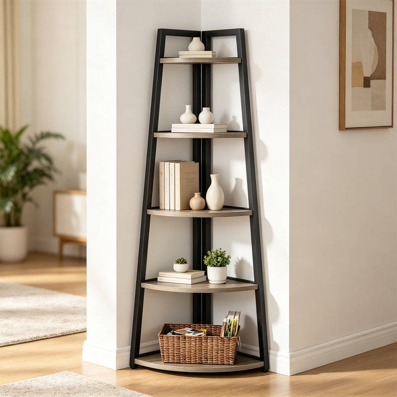 Étagère d'angle moderne à 5 niveaux - Grand support de rangement de style industriel, Gris