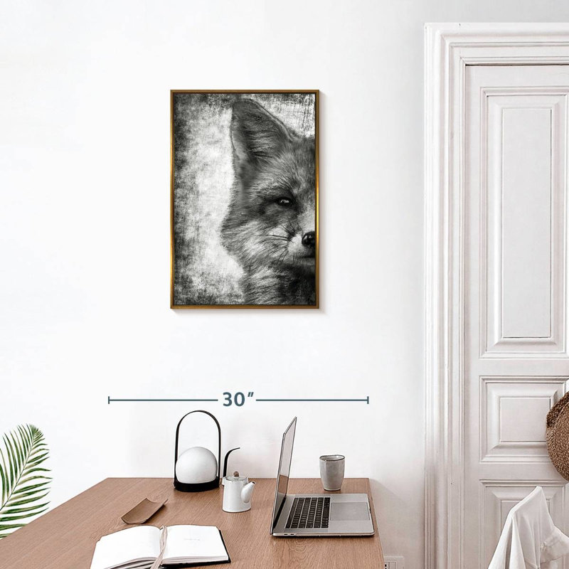 Fox Face Black And White, Floating Frame Gold, 17" x 25"