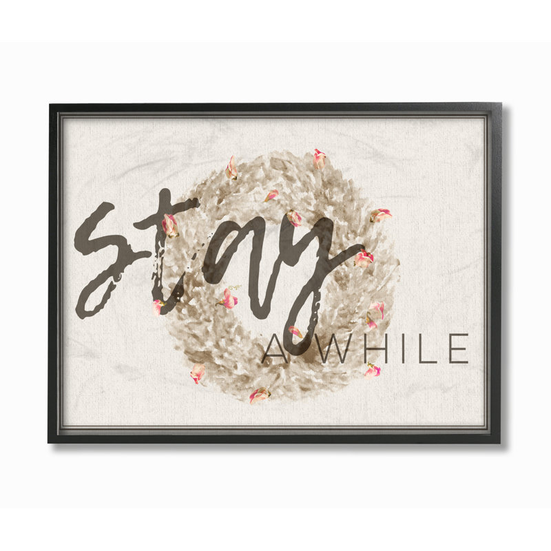 « stay a while », couronne de strawflower-impression d’art graphique sur toile encadrée, Giclée encadrée noir minuit