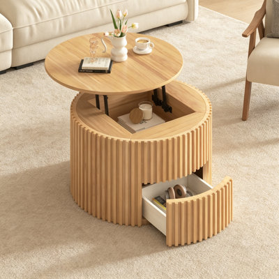 Table basse ronde avec plateau relevable cannelé avec rangement dissimulé, pour salon, couleur naturelle