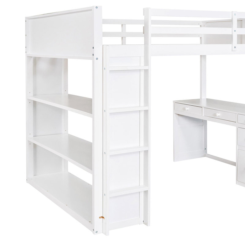 Lit mezzanine double avec échelle, tablettes et bureau