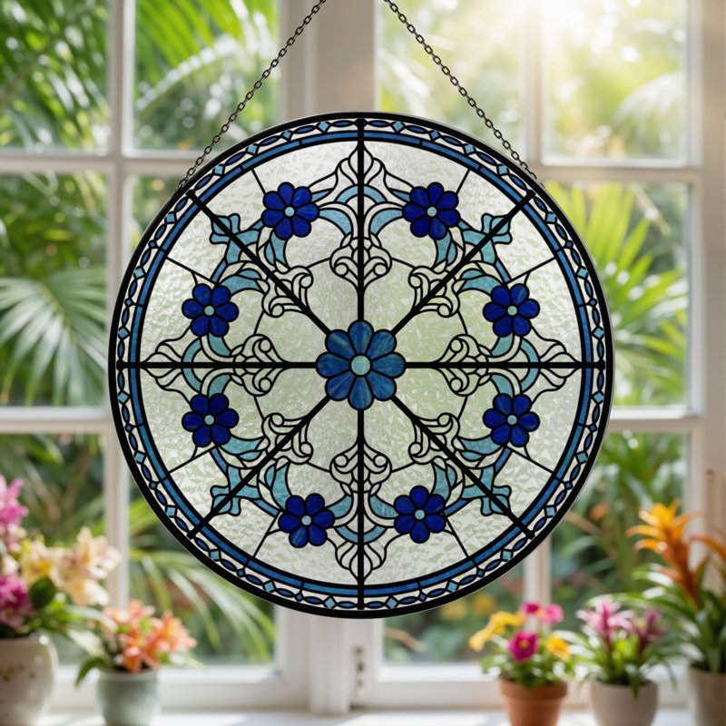 Panneau de vitrail à motif floral, H 12 po x l 12 po