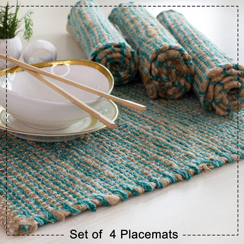 Napperon en jute naturel et turquoise turquoise, ensemble de 4 - Napperons rustiques faits à la main Boho