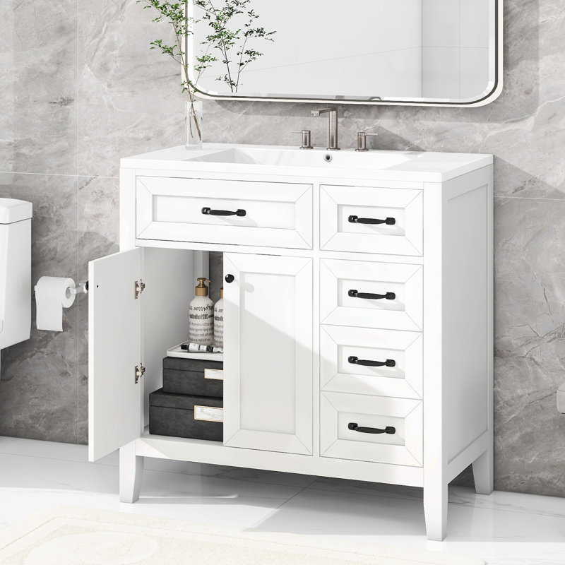Meuble-lavabo blanc de 36 po avec lavabo Radnor, structure en bois massif, panneaux, tiroirs et armoire, finition peinte, conception autoportante, pour les serviettes