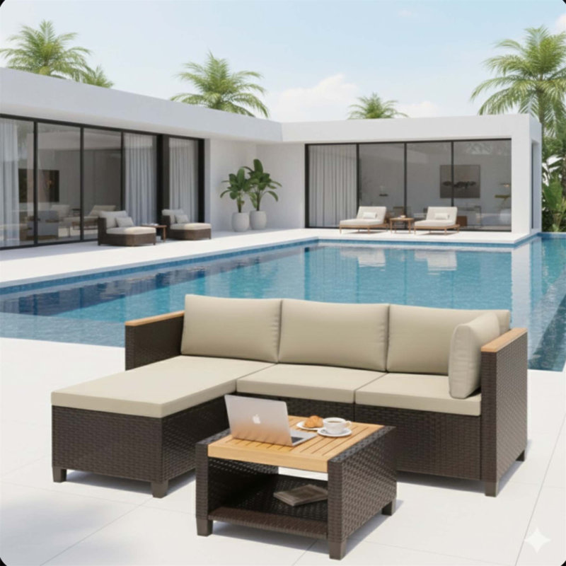 3-Piece L-Shaped Wicker Patio Set With Cushions And Acacia Wood Storage Table For Compact Outdoor Spaces